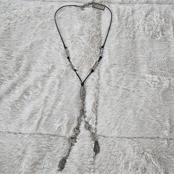 NEW Chico’s Long Black Leather Silver Tassel Necklace 13" Long plus Tassel - Picture 3 of 8